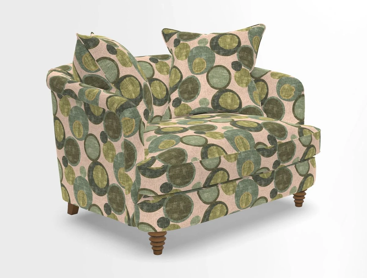 Helmsley Snuggler in V&A Threads of India Opulent Velvets Forest Creatures Hunter piping in Swiss Velvet Olive and scatter in Stockport Stripe Flame