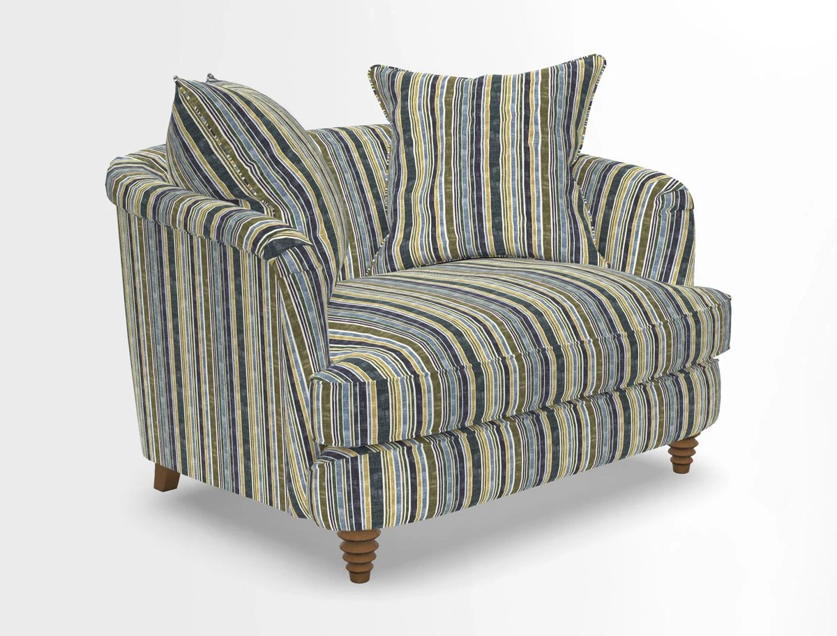 Helmsley Snuggler in V&A Threads of India Opulent Velvets Forest Creatures Hunter piping in Swiss Velvet Olive and scatter in Stockport Stripe Flame