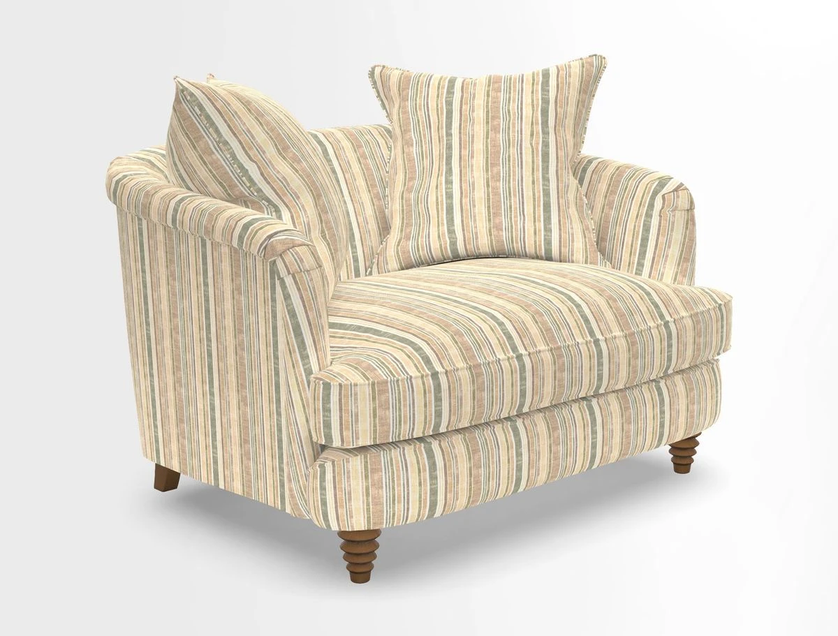 Helmsley Snuggler in V&A Threads of India Opulent Velvets Forest Creatures Hunter piping in Swiss Velvet Olive and scatter in Stockport Stripe Flame