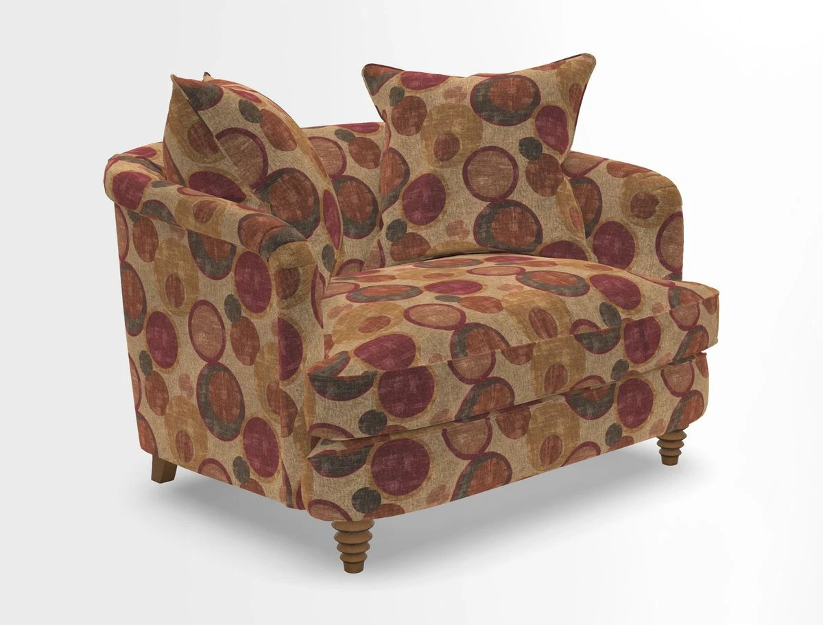 Helmsley Snuggler in V&A Threads of India Opulent Velvets Forest Creatures Hunter piping in Swiss Velvet Olive and scatter in Stockport Stripe Flame