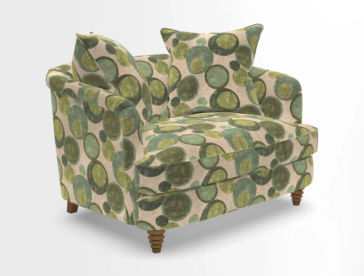 Helmsley Snuggler in V&A Threads of India Opulent Velvets Forest Creatures Hunter piping in Swiss Velvet Olive and scatter in Stockport Stripe Flame
