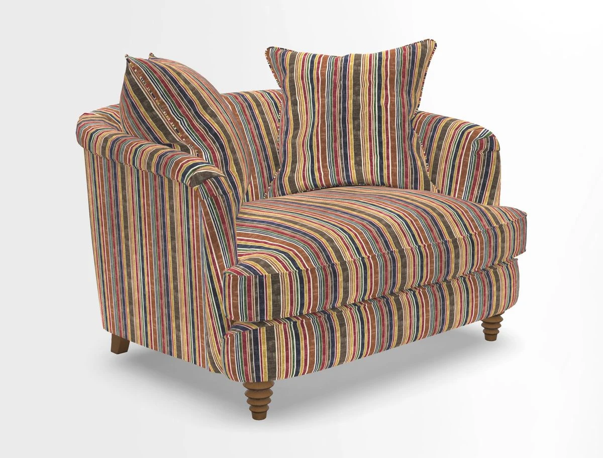 Helmsley Snuggler in V&A Threads of India Opulent Velvets Forest Creatures Hunter piping in Swiss Velvet Olive and scatter in Stockport Stripe Flame