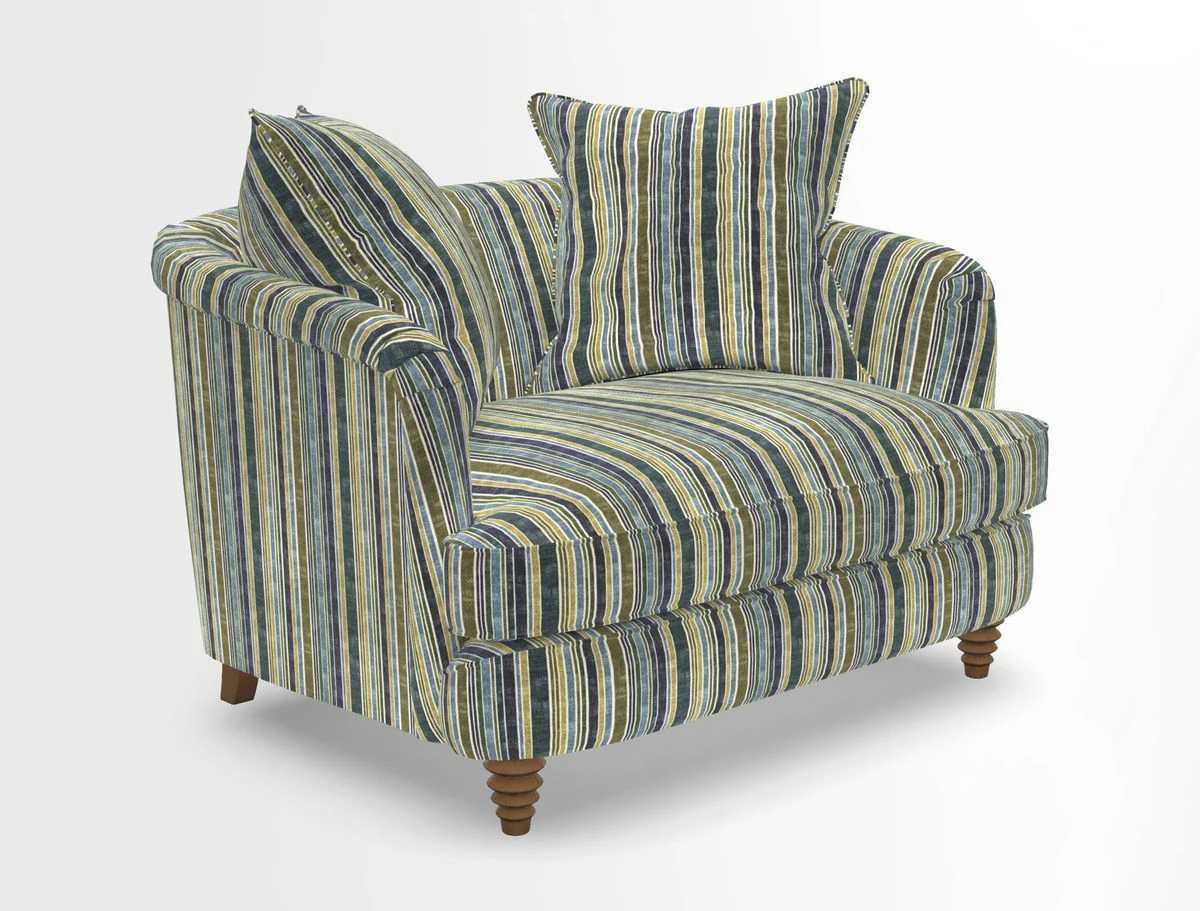 Helmsley Snuggler in V&A Threads of India Opulent Velvets Forest Creatures Hunter piping in Swiss Velvet Olive and scatter in Stockport Stripe Flame
