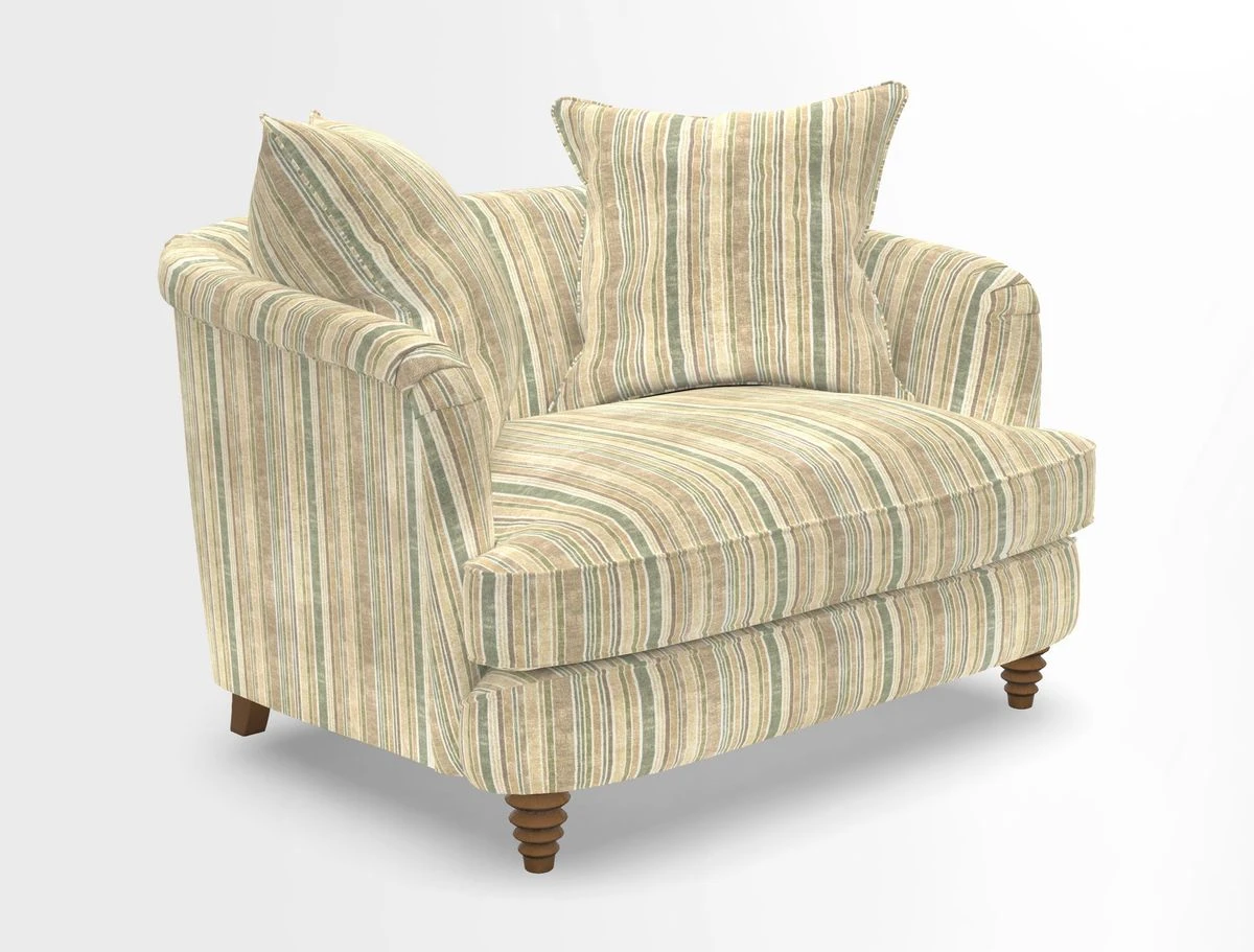 Helmsley Snuggler in V&A Threads of India Opulent Velvets Forest Creatures Hunter piping in Swiss Velvet Olive and scatter in Stockport Stripe Flame