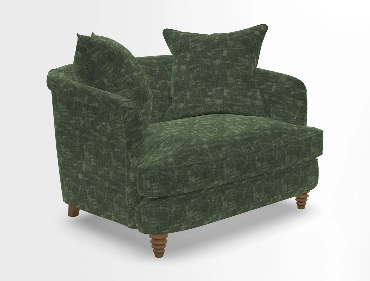 Helmsley Snuggler in V&A Threads of India Opulent Velvets Forest Creatures Hunter piping in Swiss Velvet Olive and scatter in Stockport Stripe Flame