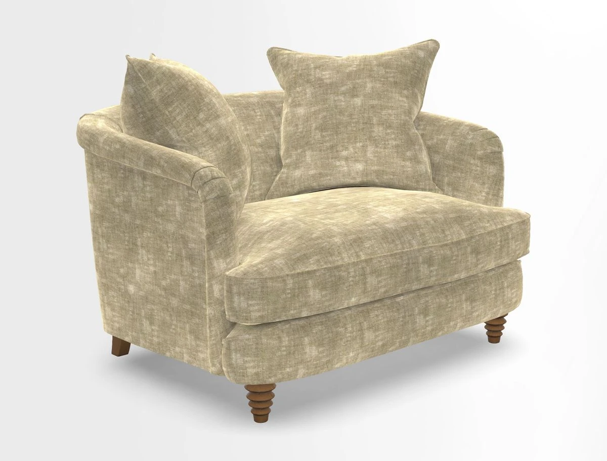 Helmsley Snuggler in V&A Threads of India Opulent Velvets Forest Creatures Hunter piping in Swiss Velvet Olive and scatter in Stockport Stripe Flame