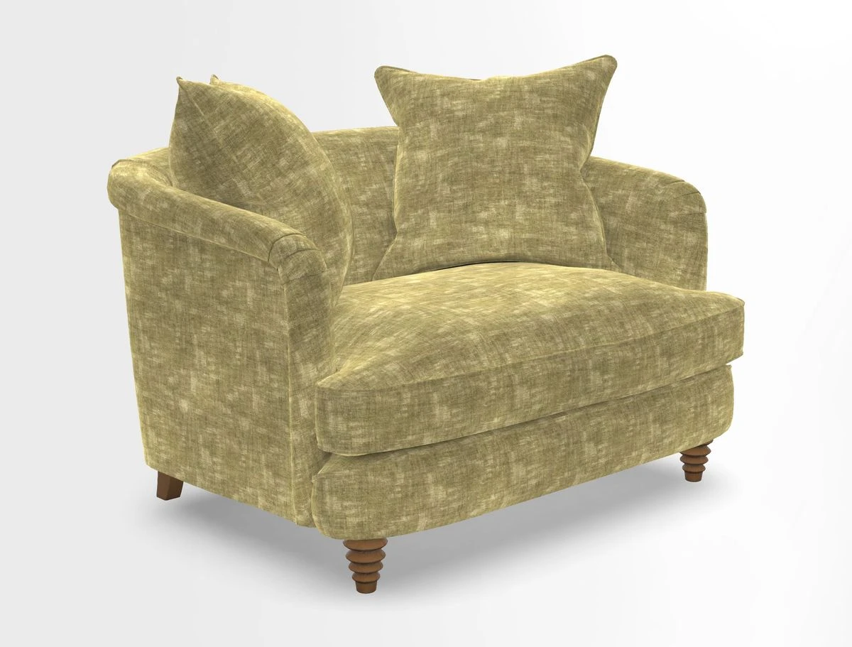 Helmsley Snuggler in V&A Threads of India Opulent Velvets Forest Creatures Hunter piping in Swiss Velvet Olive and scatter in Stockport Stripe Flame