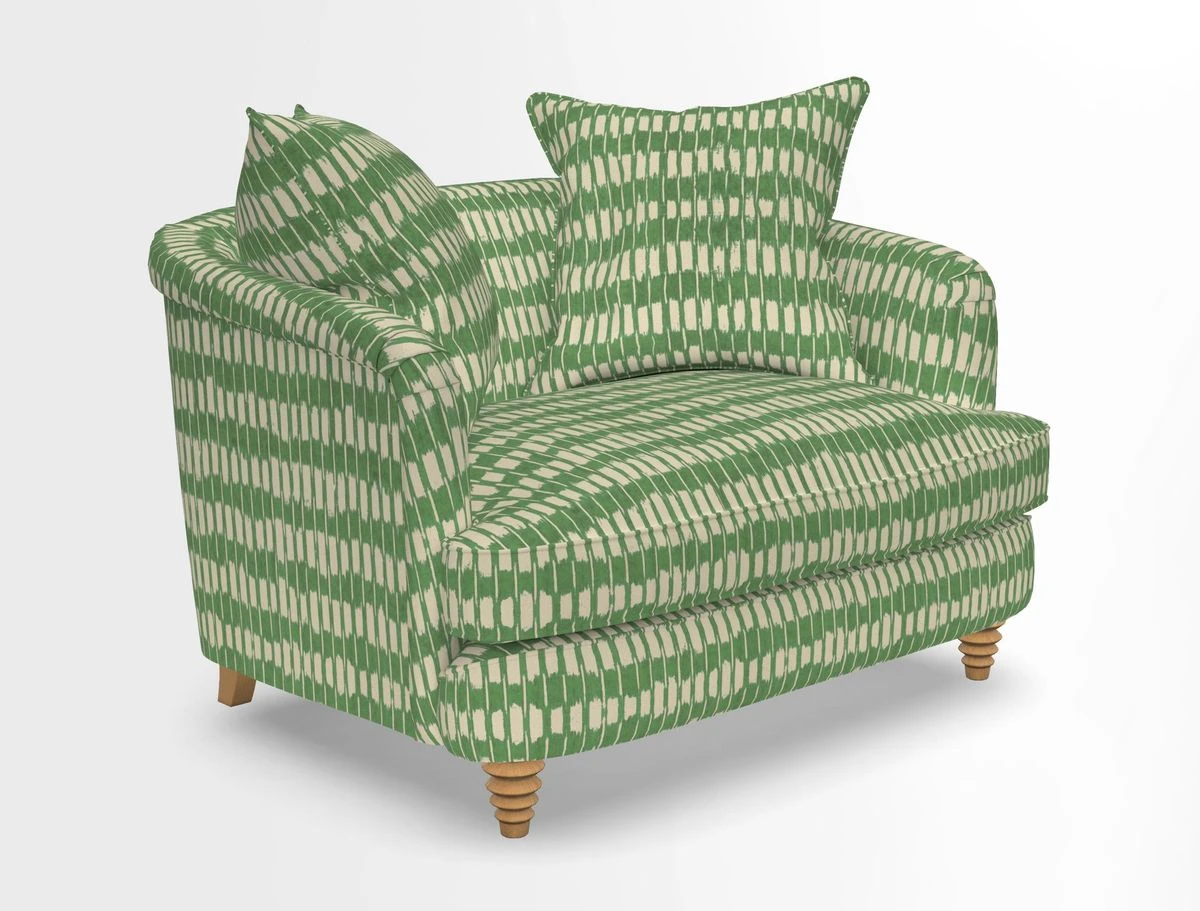 Helmsley Snuggler in V&A Threads of India Opulent Velvets Forest Creatures Hunter piping in Swiss Velvet Olive and scatter in Stockport Stripe Flame
