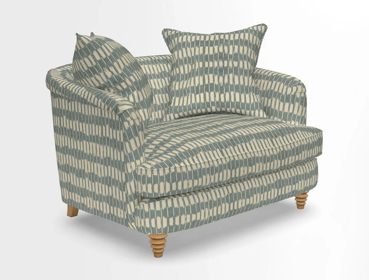 Helmsley Snuggler in V&A Threads of India Opulent Velvets Forest Creatures Hunter piping in Swiss Velvet Olive and scatter in Stockport Stripe Flame