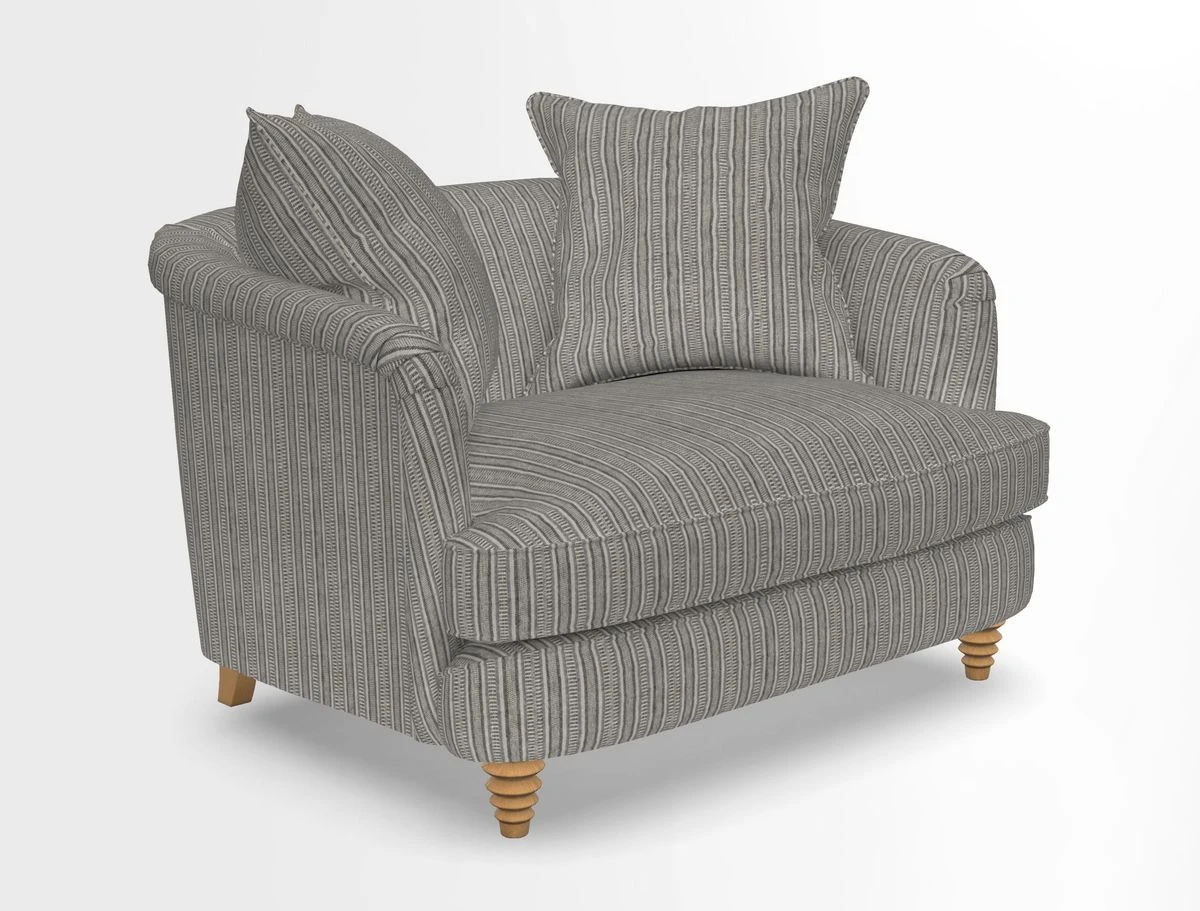 Helmsley Snuggler in V&A Threads of India Opulent Velvets Forest Creatures Hunter piping in Swiss Velvet Olive and scatter in Stockport Stripe Flame