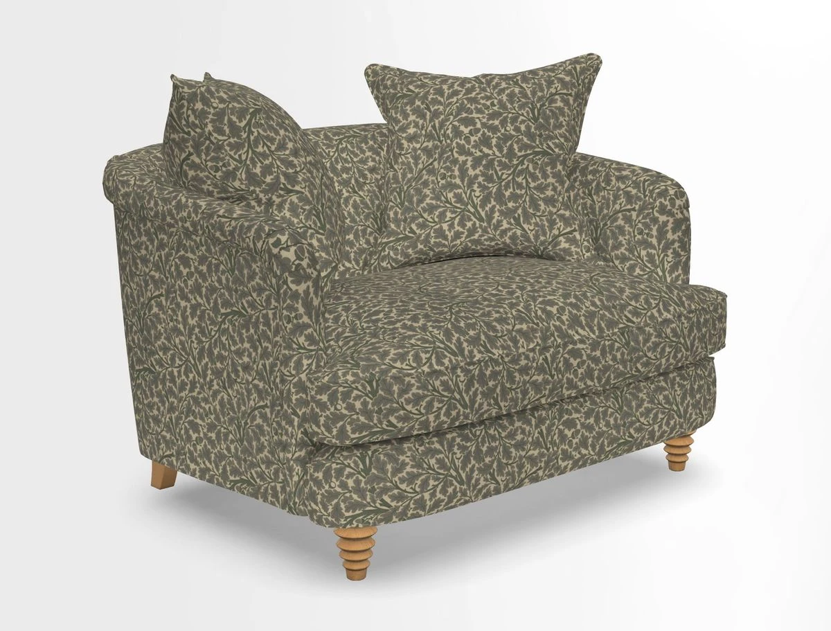 Helmsley Snuggler in V&A Threads of India Opulent Velvets Forest Creatures Hunter piping in Swiss Velvet Olive and scatter in Stockport Stripe Flame