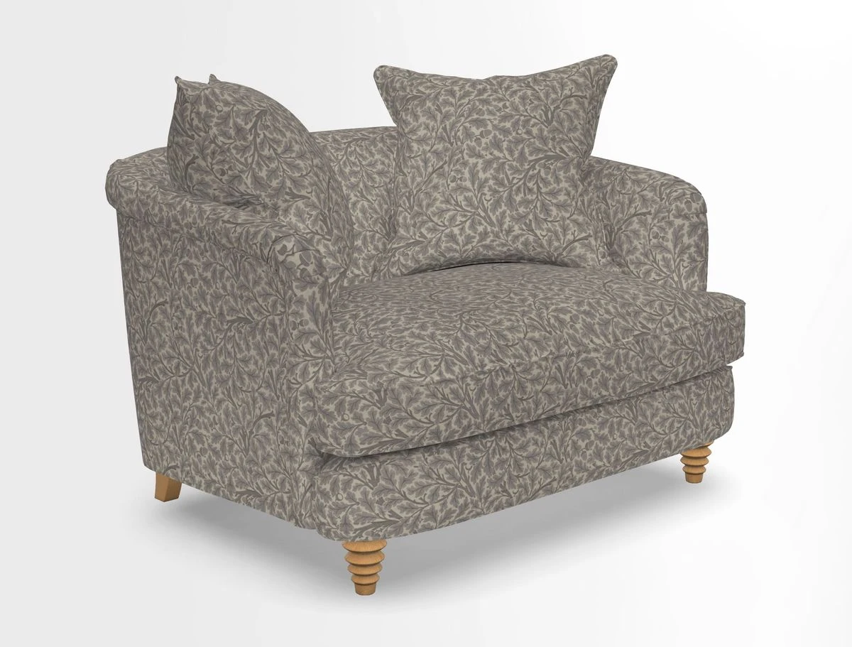 Helmsley Snuggler in V&A Threads of India Opulent Velvets Forest Creatures Hunter piping in Swiss Velvet Olive and scatter in Stockport Stripe Flame
