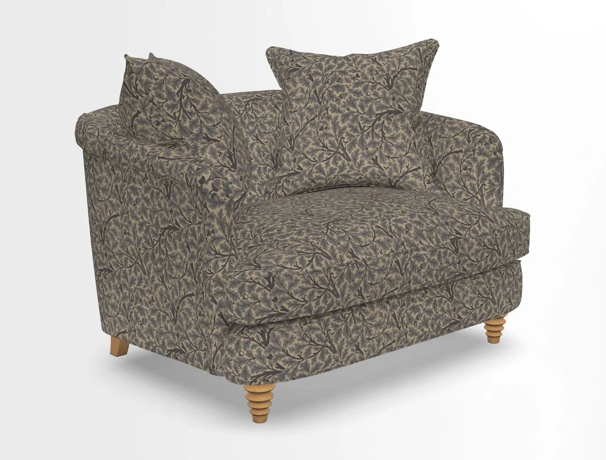 Helmsley Snuggler in V&A Threads of India Opulent Velvets Forest Creatures Hunter piping in Swiss Velvet Olive and scatter in Stockport Stripe Flame