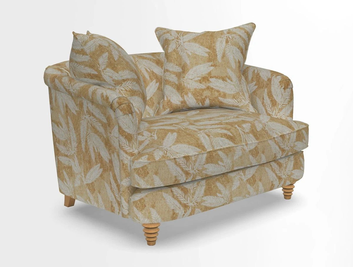 Helmsley Snuggler in V&A Threads of India Opulent Velvets Forest Creatures Hunter piping in Swiss Velvet Olive and scatter in Stockport Stripe Flame