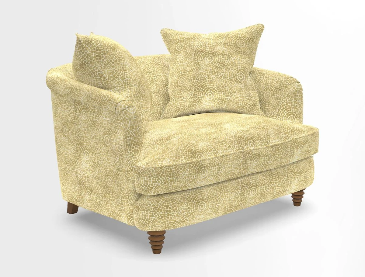 Helmsley Snuggler in V&A Threads of India Opulent Velvets Forest Creatures Hunter piping in Swiss Velvet Olive and scatter in Stockport Stripe Flame