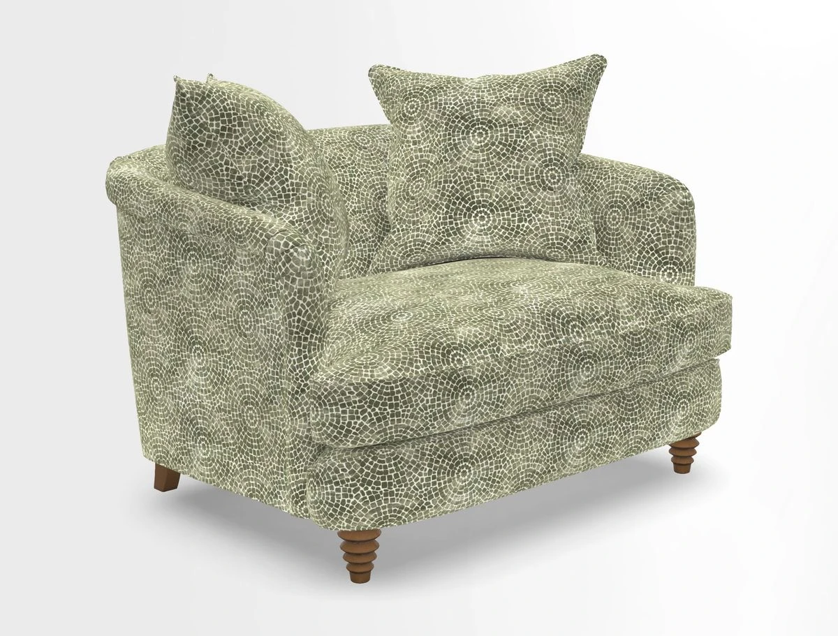 Helmsley Snuggler in V&A Threads of India Opulent Velvets Forest Creatures Hunter piping in Swiss Velvet Olive and scatter in Stockport Stripe Flame