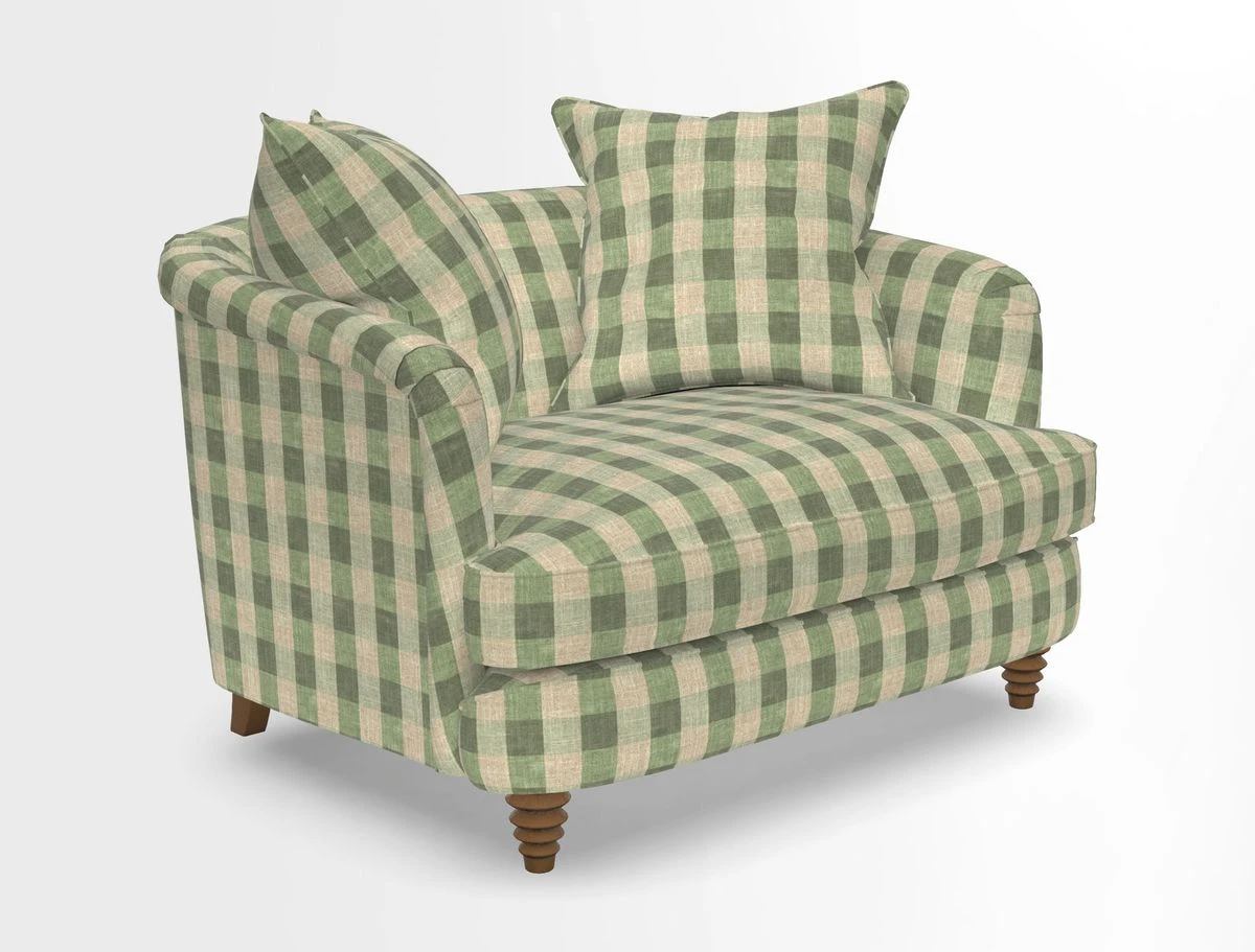 Helmsley Snuggler in V&A Threads of India Opulent Velvets Forest Creatures Hunter piping in Swiss Velvet Olive and scatter in Stockport Stripe Flame