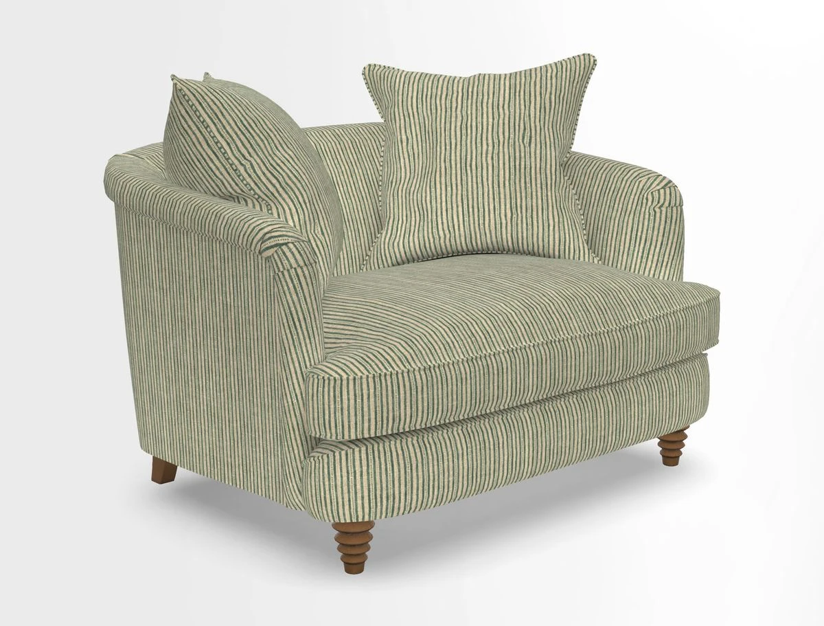Helmsley Snuggler in V&A Threads of India Opulent Velvets Forest Creatures Hunter piping in Swiss Velvet Olive and scatter in Stockport Stripe Flame