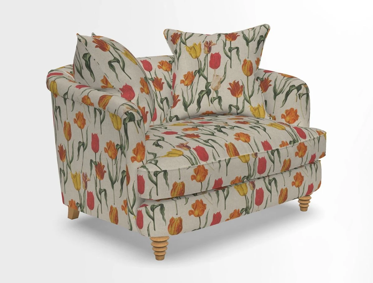 Helmsley Snuggler in V&A Threads of India Opulent Velvets Forest Creatures Hunter piping in Swiss Velvet Olive and scatter in Stockport Stripe Flame
