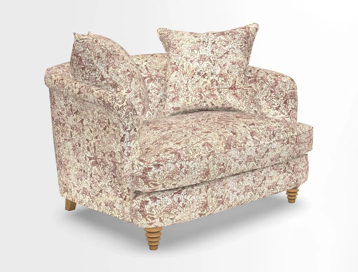 Helmsley Snuggler in V&A Threads of India Opulent Velvets Forest Creatures Hunter piping in Swiss Velvet Olive and scatter in Stockport Stripe Flame