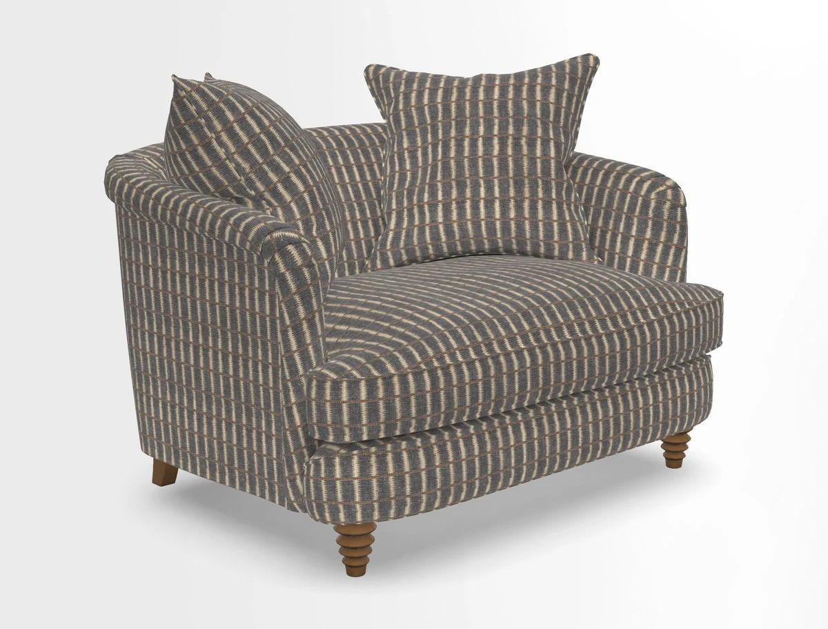Helmsley Snuggler in V&A Threads of India Opulent Velvets Forest Creatures Hunter piping in Swiss Velvet Olive and scatter in Stockport Stripe Flame