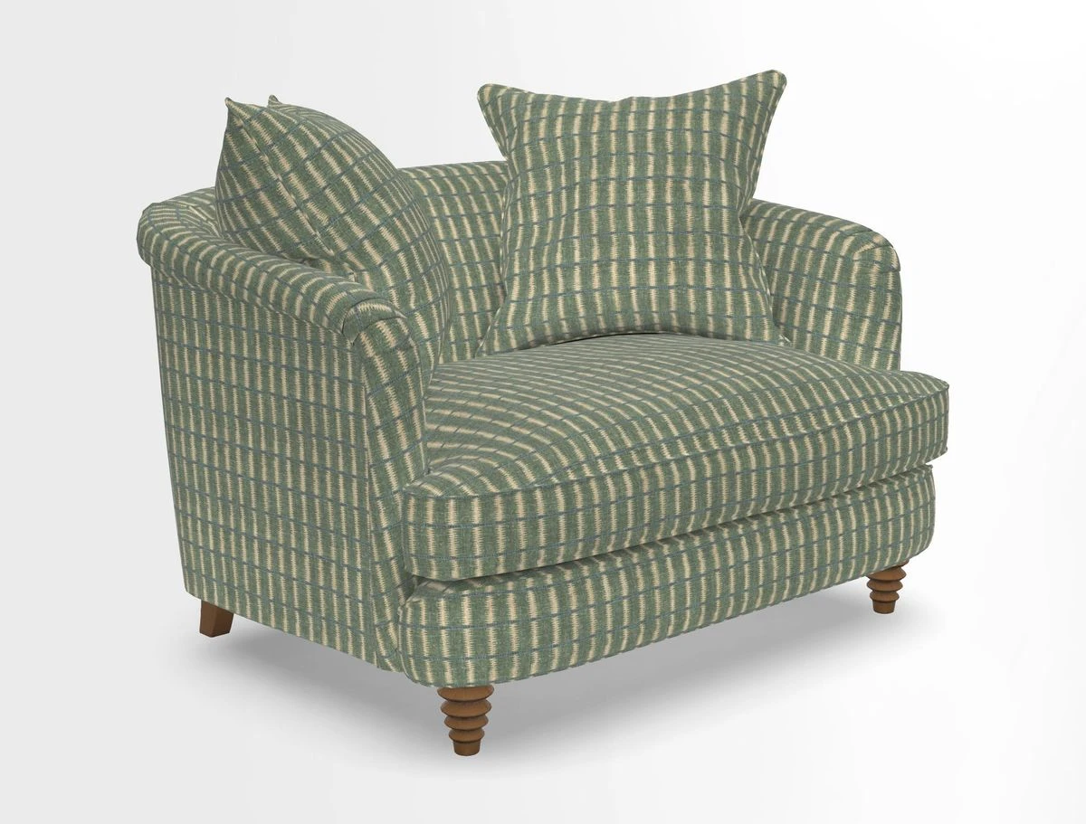Helmsley Snuggler in V&A Threads of India Opulent Velvets Forest Creatures Hunter piping in Swiss Velvet Olive and scatter in Stockport Stripe Flame