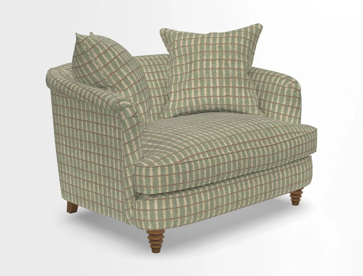 Helmsley Snuggler in V&A Threads of India Opulent Velvets Forest Creatures Hunter piping in Swiss Velvet Olive and scatter in Stockport Stripe Flame