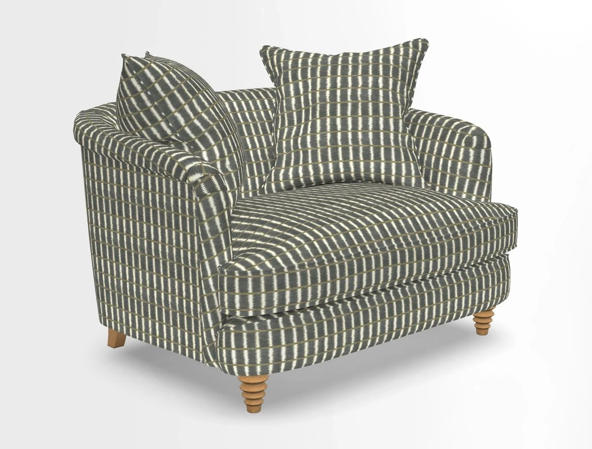 Helmsley Snuggler in V&A Threads of India Opulent Velvets Forest Creatures Hunter piping in Swiss Velvet Olive and scatter in Stockport Stripe Flame