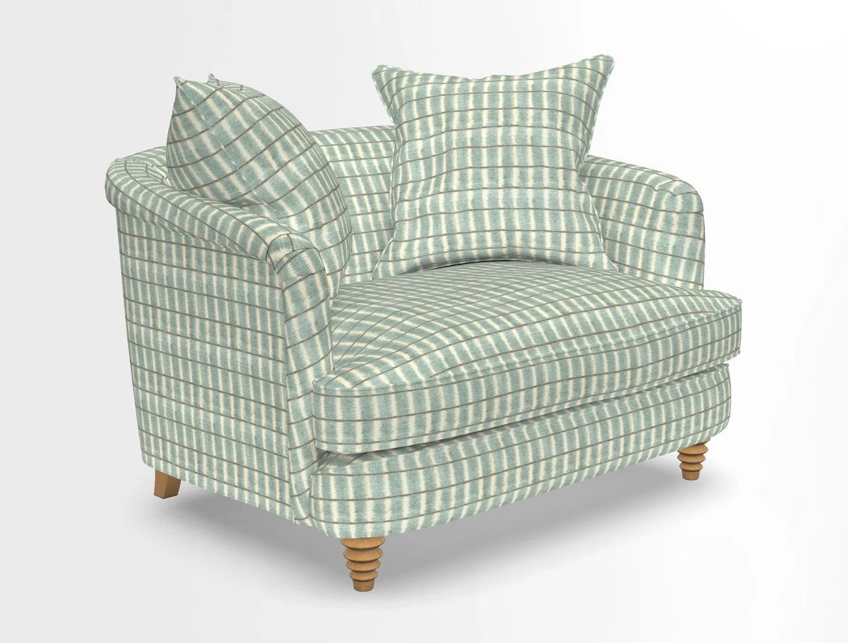 Helmsley Snuggler in V&A Threads of India Opulent Velvets Forest Creatures Hunter piping in Swiss Velvet Olive and scatter in Stockport Stripe Flame