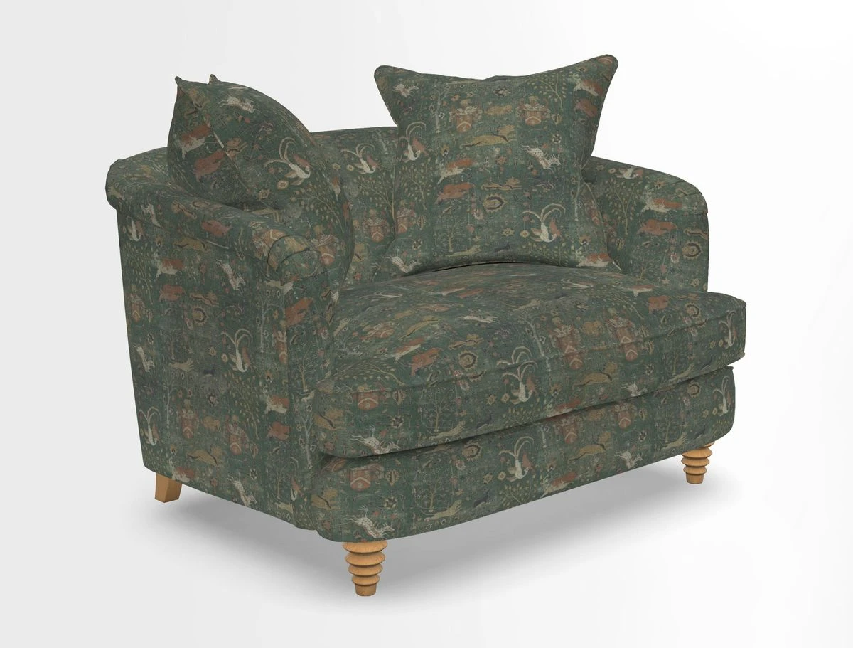 Helmsley Snuggler in V&A Threads of India Opulent Velvets Forest Creatures Hunter piping in Swiss Velvet Olive and scatter in Stockport Stripe Flame