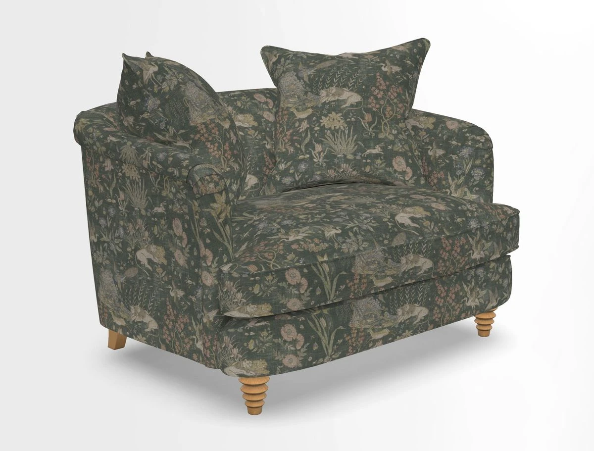 Helmsley Snuggler in V&A Threads of India Opulent Velvets Forest Creatures Hunter piping in Swiss Velvet Olive and scatter in Stockport Stripe Flame