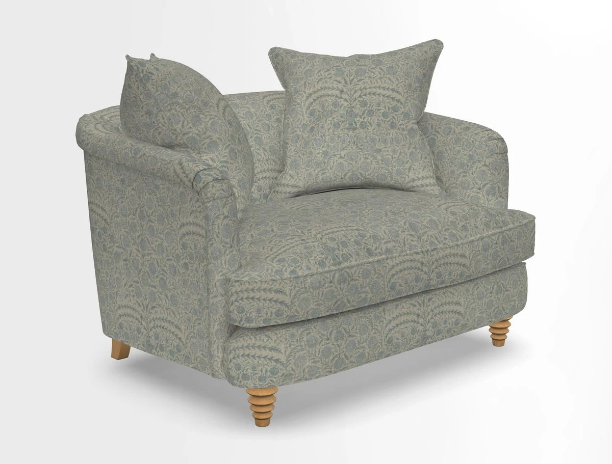 Helmsley Snuggler in V&A Threads of India Opulent Velvets Forest Creatures Hunter piping in Swiss Velvet Olive and scatter in Stockport Stripe Flame