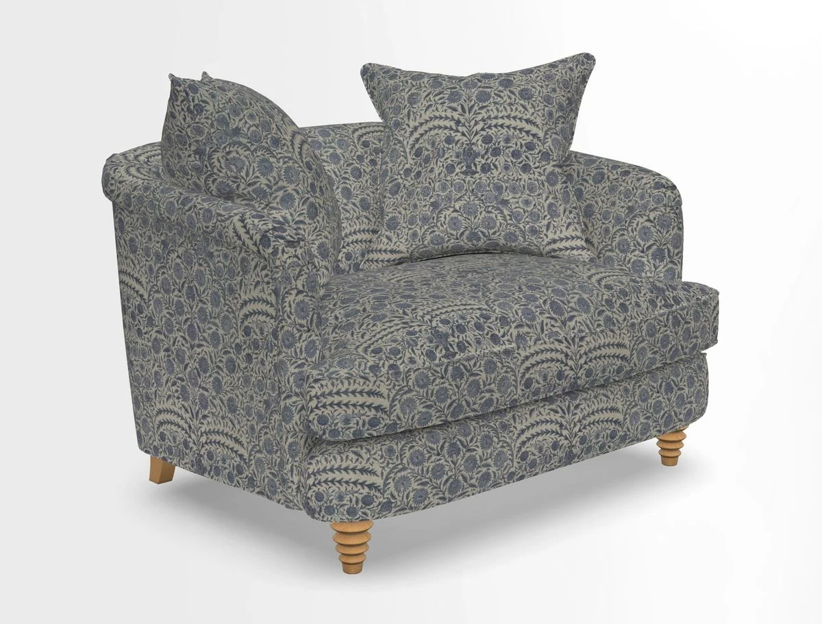 Helmsley Snuggler in V&A Threads of India Opulent Velvets Forest Creatures Hunter piping in Swiss Velvet Olive and scatter in Stockport Stripe Flame