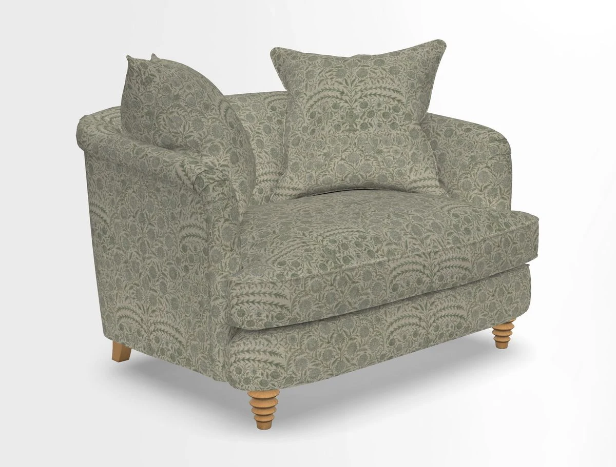 Helmsley Snuggler in V&A Threads of India Opulent Velvets Forest Creatures Hunter piping in Swiss Velvet Olive and scatter in Stockport Stripe Flame