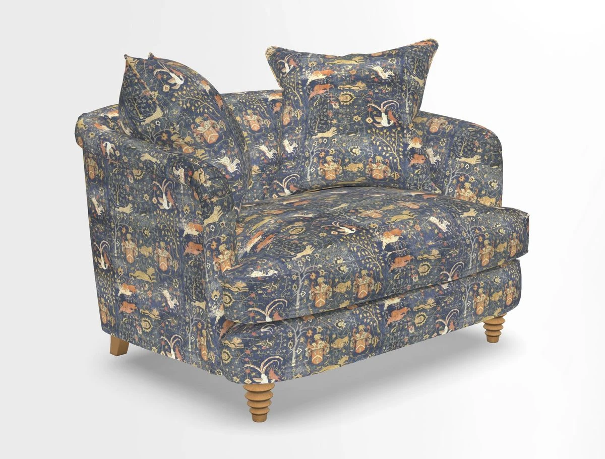 Helmsley Snuggler in V&A Threads of India Opulent Velvets Forest Creatures Hunter piping in Swiss Velvet Olive and scatter in Stockport Stripe Flame