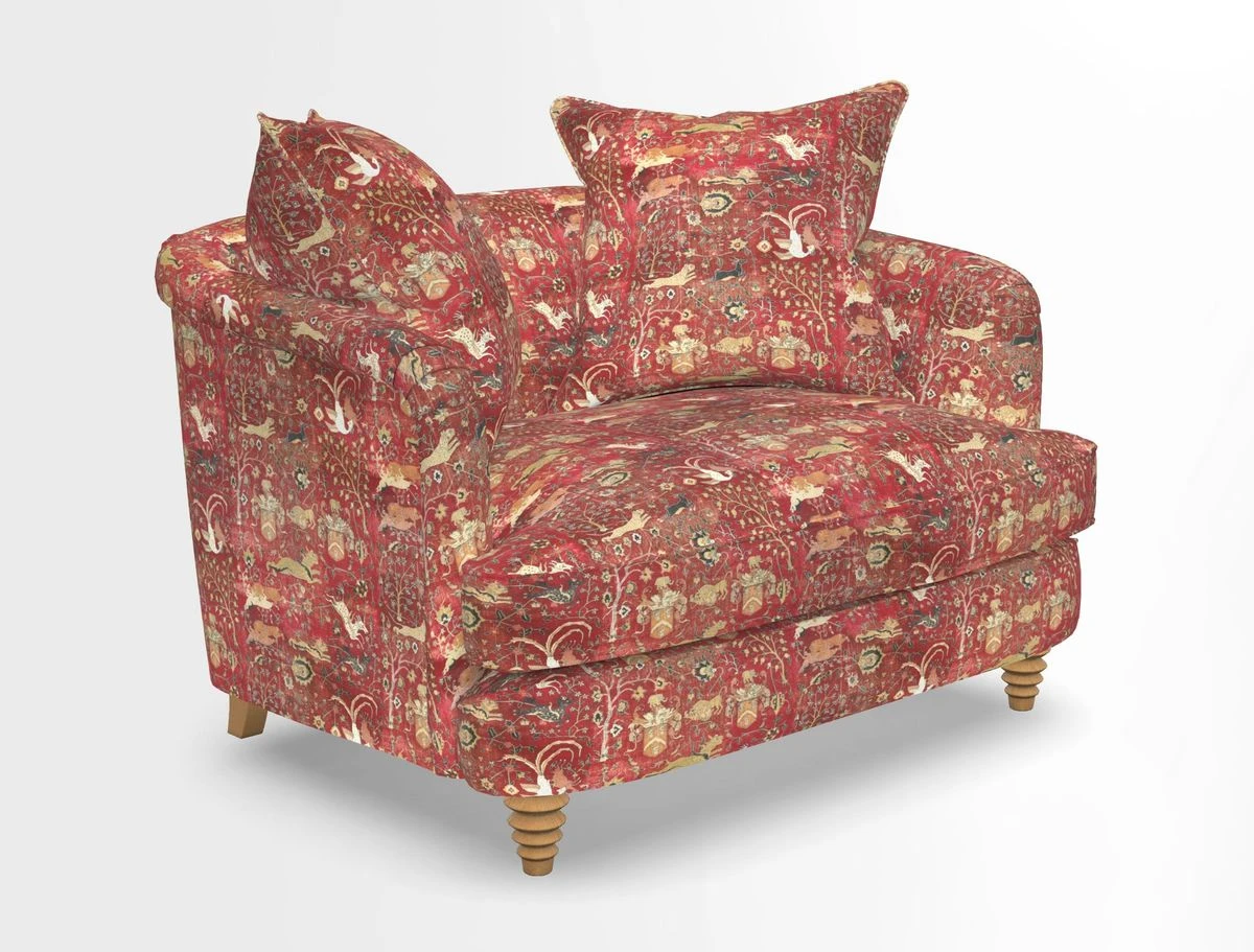 Helmsley Snuggler in V&A Threads of India Opulent Velvets Forest Creatures Hunter piping in Swiss Velvet Olive and scatter in Stockport Stripe Flame