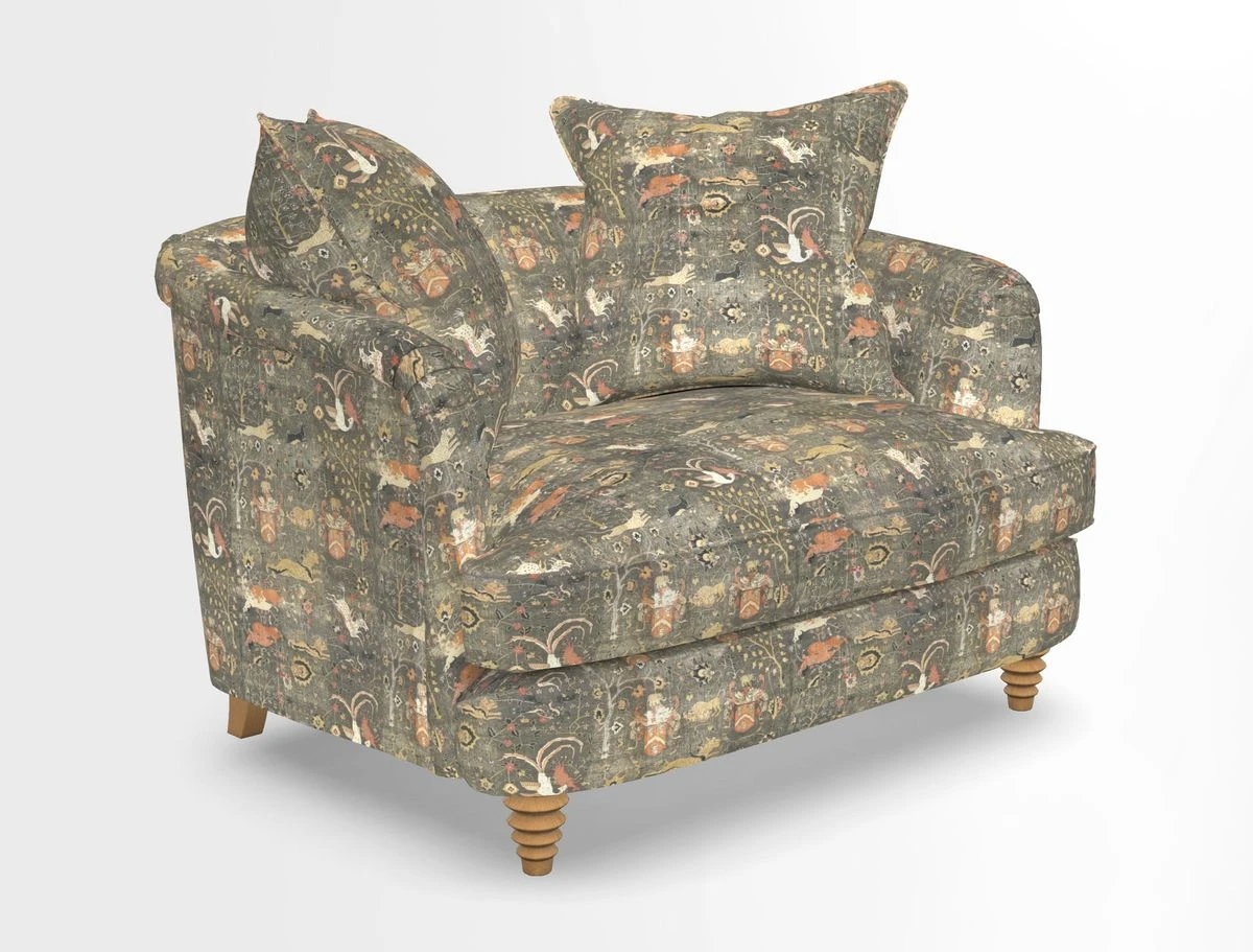 Helmsley Snuggler in V&A Threads of India Opulent Velvets Forest Creatures Hunter piping in Swiss Velvet Olive and scatter in Stockport Stripe Flame