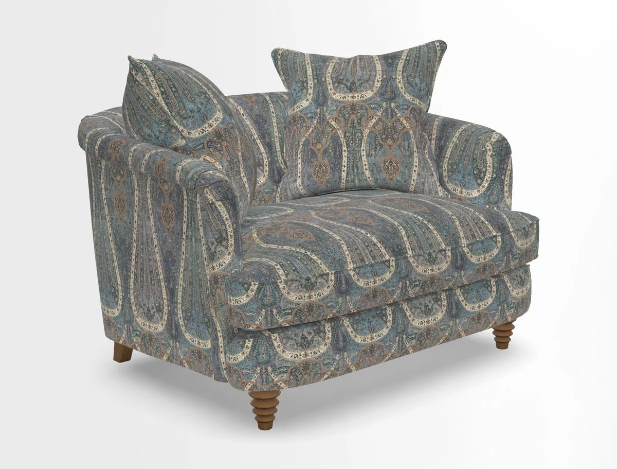 Helmsley Snuggler in V&A Threads of India Opulent Velvets Forest Creatures Hunter piping in Swiss Velvet Olive and scatter in Stockport Stripe Flame