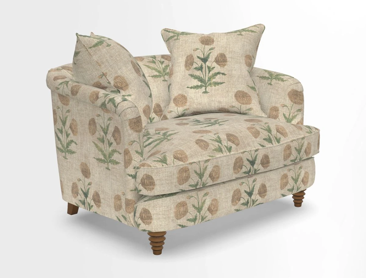Helmsley Snuggler in V&A Threads of India Opulent Velvets Forest Creatures Hunter piping in Swiss Velvet Olive and scatter in Stockport Stripe Flame