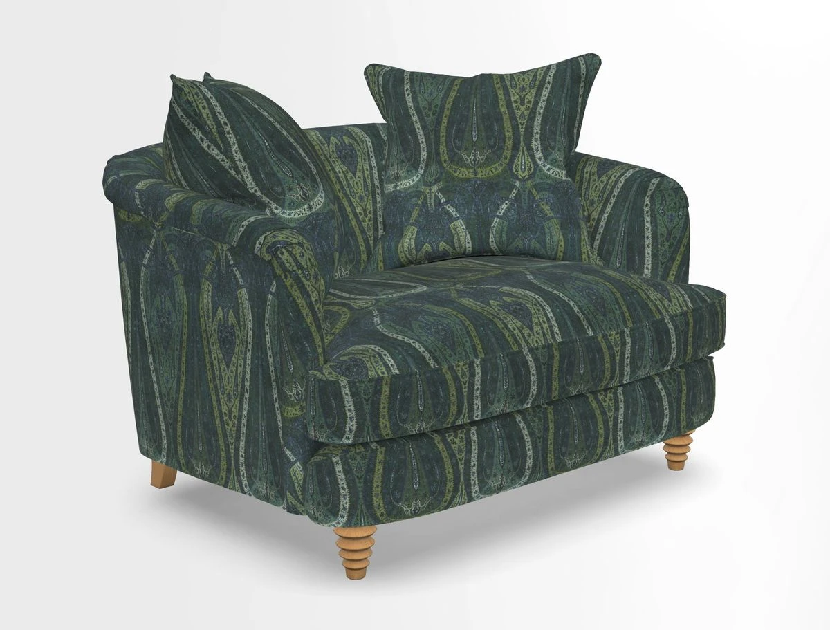 Helmsley Snuggler in V&A Threads of India Opulent Velvets Forest Creatures Hunter piping in Swiss Velvet Olive and scatter in Stockport Stripe Flame