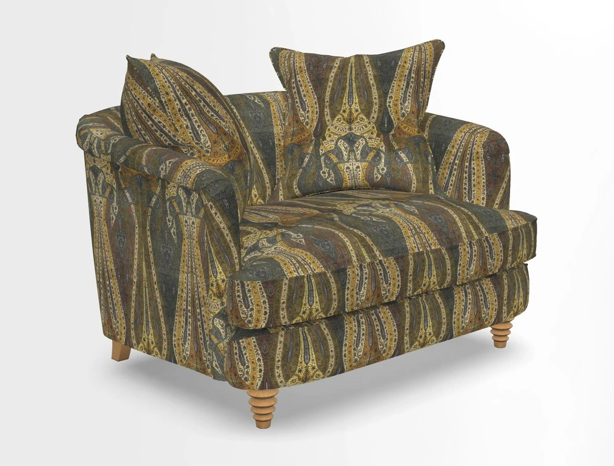 Helmsley Snuggler in V&A Threads of India Opulent Velvets Forest Creatures Hunter piping in Swiss Velvet Olive and scatter in Stockport Stripe Flame
