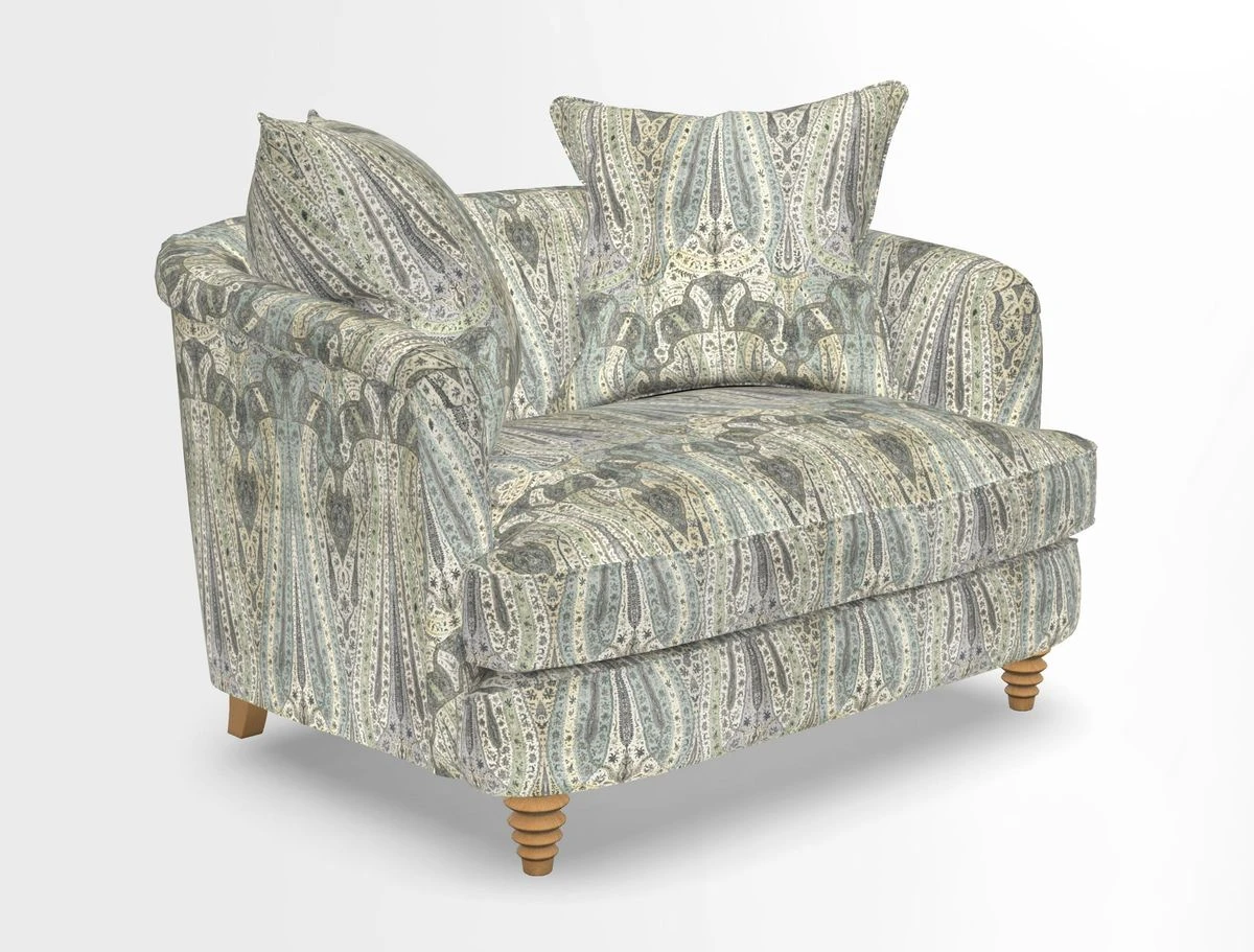 Helmsley Snuggler in V&A Threads of India Opulent Velvets Forest Creatures Hunter piping in Swiss Velvet Olive and scatter in Stockport Stripe Flame