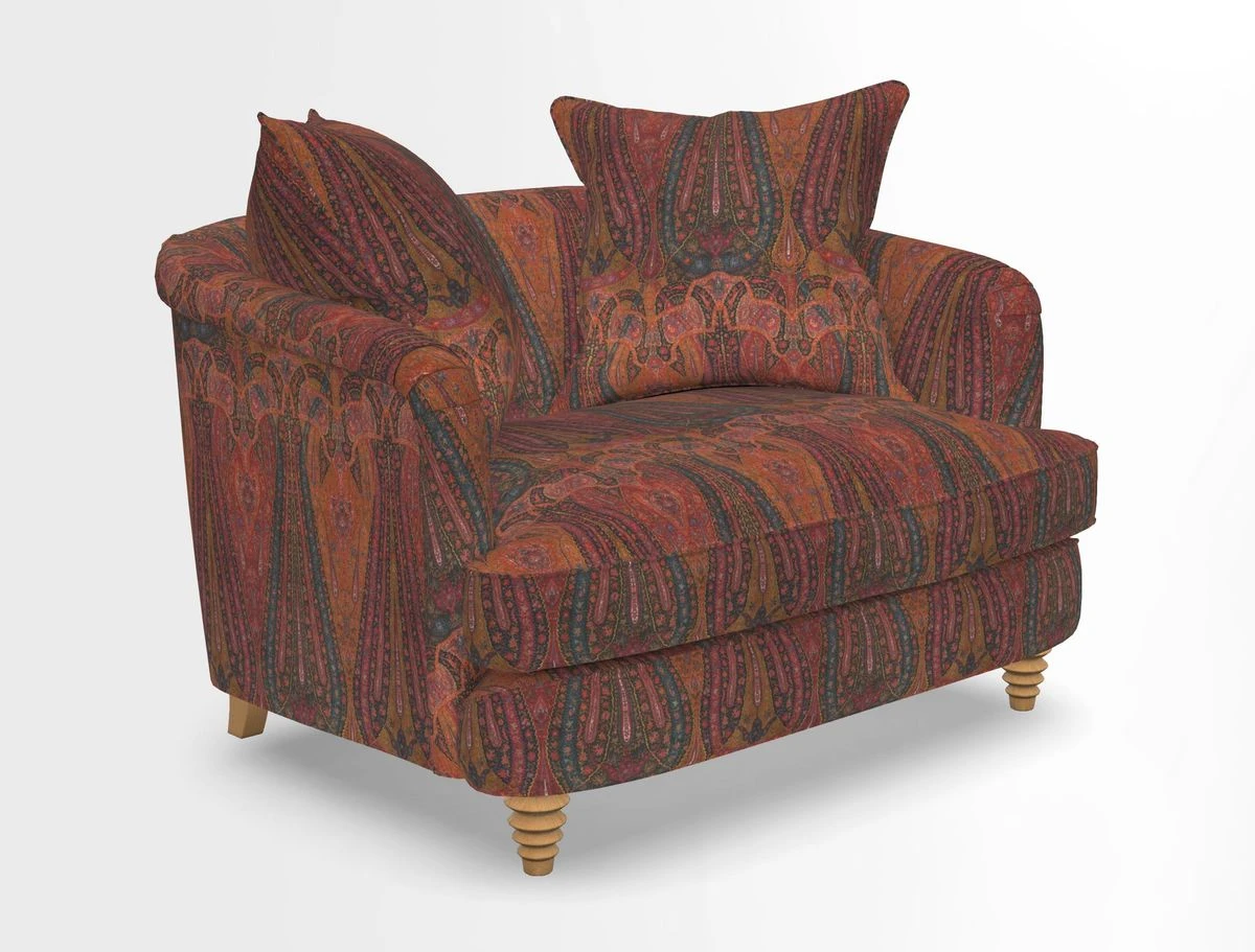 Helmsley Snuggler in V&A Threads of India Opulent Velvets Forest Creatures Hunter piping in Swiss Velvet Olive and scatter in Stockport Stripe Flame