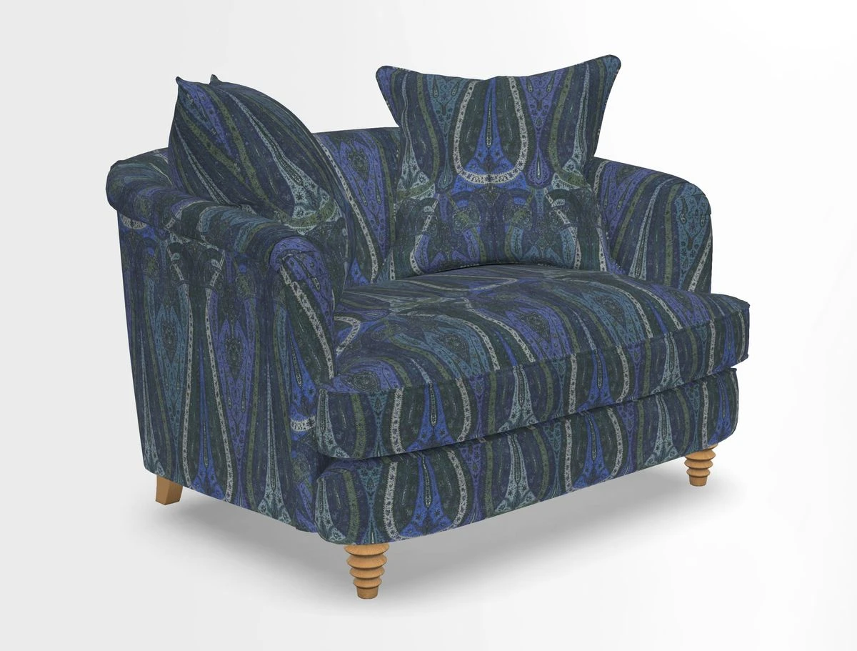 Helmsley Snuggler in V&A Threads of India Opulent Velvets Forest Creatures Hunter piping in Swiss Velvet Olive and scatter in Stockport Stripe Flame