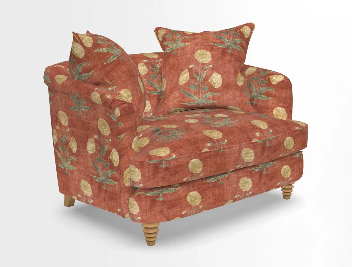 Helmsley Snuggler in V&A Threads of India Opulent Velvets Forest Creatures Hunter piping in Swiss Velvet Olive and scatter in Stockport Stripe Flame