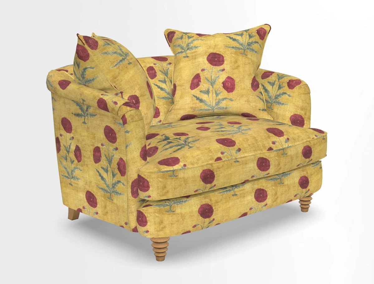 Helmsley Snuggler in V&A Threads of India Opulent Velvets Forest Creatures Hunter piping in Swiss Velvet Olive and scatter in Stockport Stripe Flame