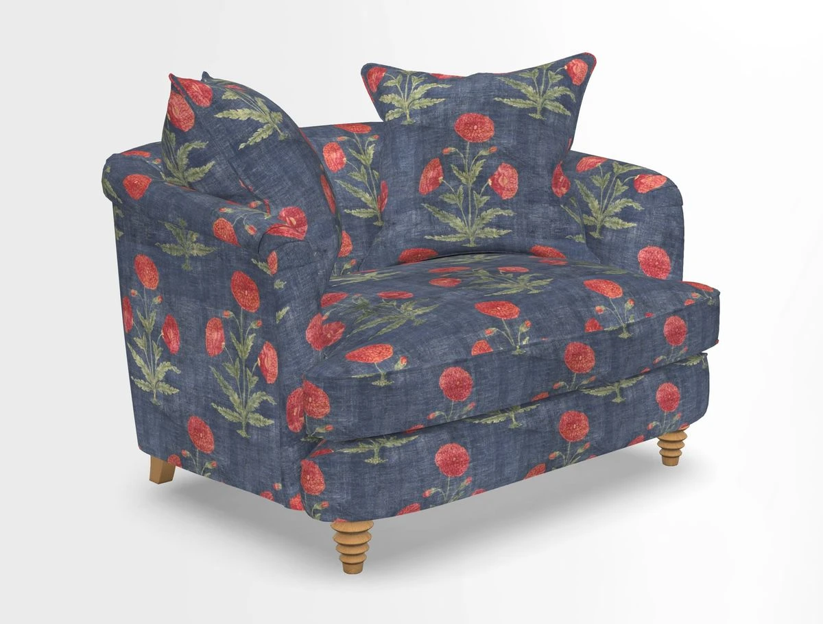 Helmsley Snuggler in V&A Threads of India Opulent Velvets Forest Creatures Hunter piping in Swiss Velvet Olive and scatter in Stockport Stripe Flame