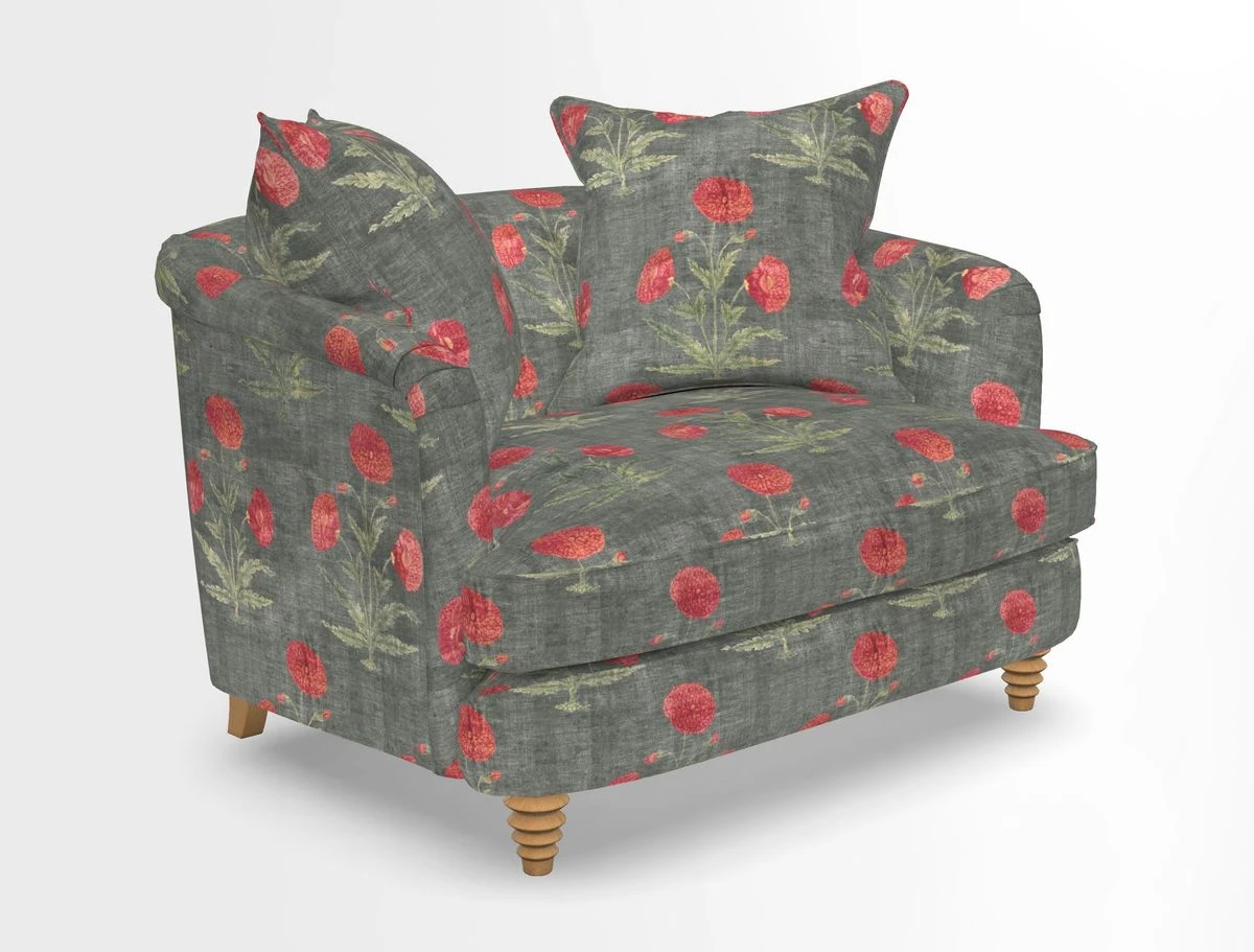 Helmsley Snuggler in V&A Threads of India Opulent Velvets Forest Creatures Hunter piping in Swiss Velvet Olive and scatter in Stockport Stripe Flame