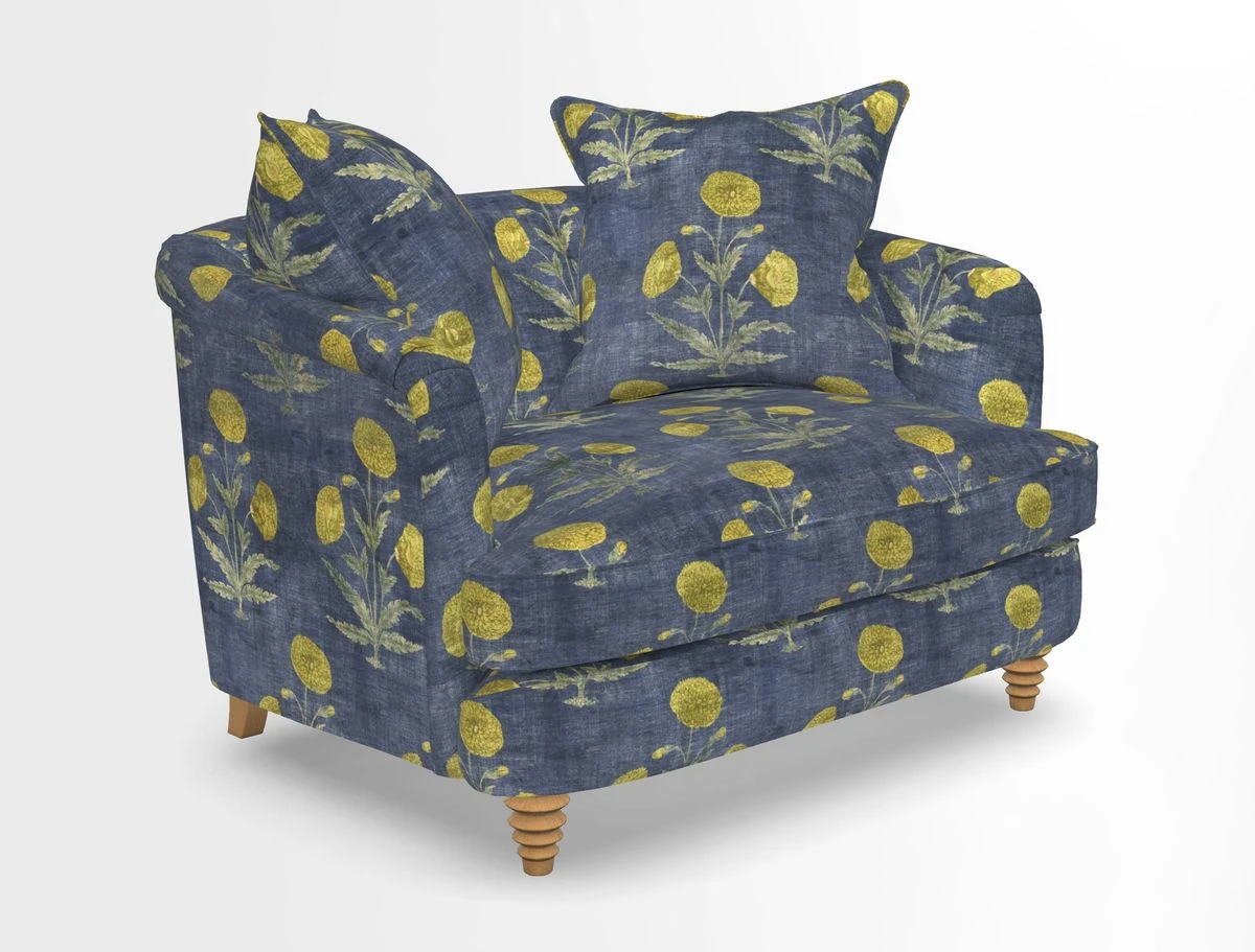 Helmsley Snuggler in V&A Threads of India Opulent Velvets Forest Creatures Hunter piping in Swiss Velvet Olive and scatter in Stockport Stripe Flame