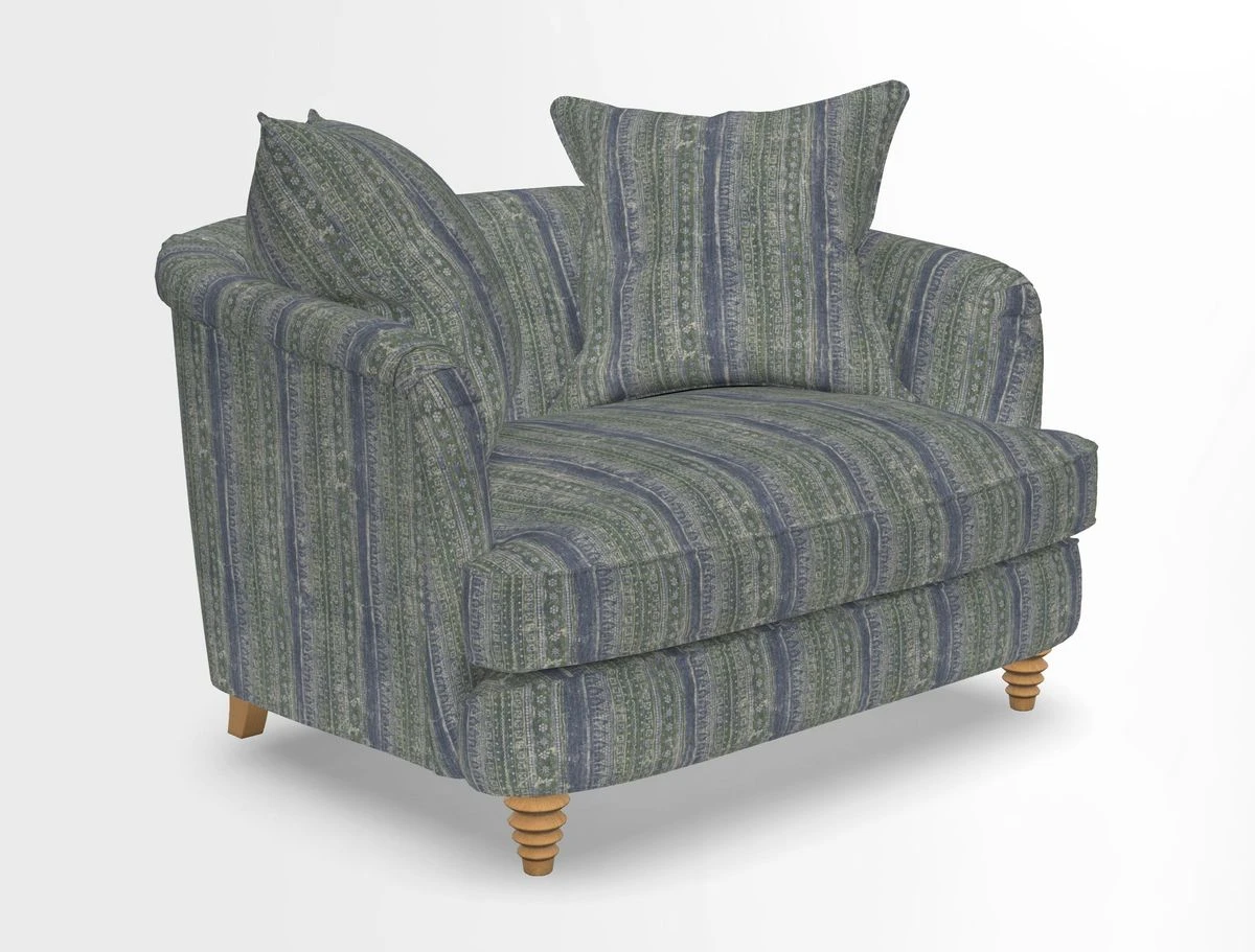 Helmsley Snuggler in V&A Threads of India Opulent Velvets Forest Creatures Hunter piping in Swiss Velvet Olive and scatter in Stockport Stripe Flame